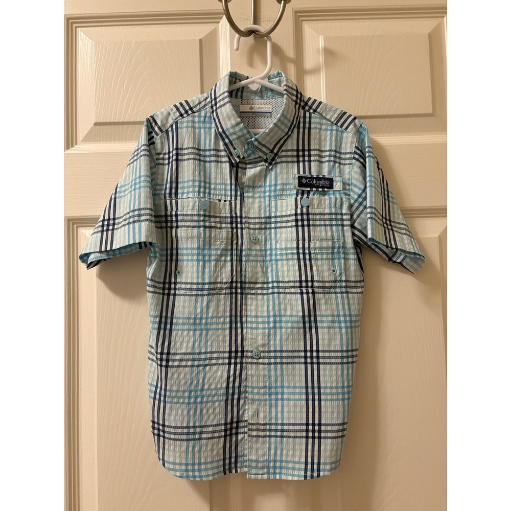 Columbia Kids Boys Plaid Short Sleeve Button Up Shirt Fishing PFG Size 8 Small